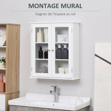 Armoire murale de salle de bain, meuble haut salle de bains avec 2 portes en verre, étagère réglable, 55x20x65cm, blanc