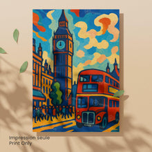 Affiche Londres – Big Ben & Bus Rouge | Poster peinture colorée style moderne | Déco murale britannique | Avec ou sans cadre