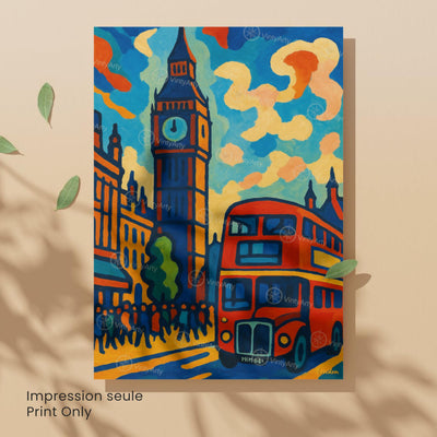 Affiche Londres – Big Ben & Bus Rouge | Poster peinture colorée style moderne | Déco murale britannique | Avec ou sans cadre