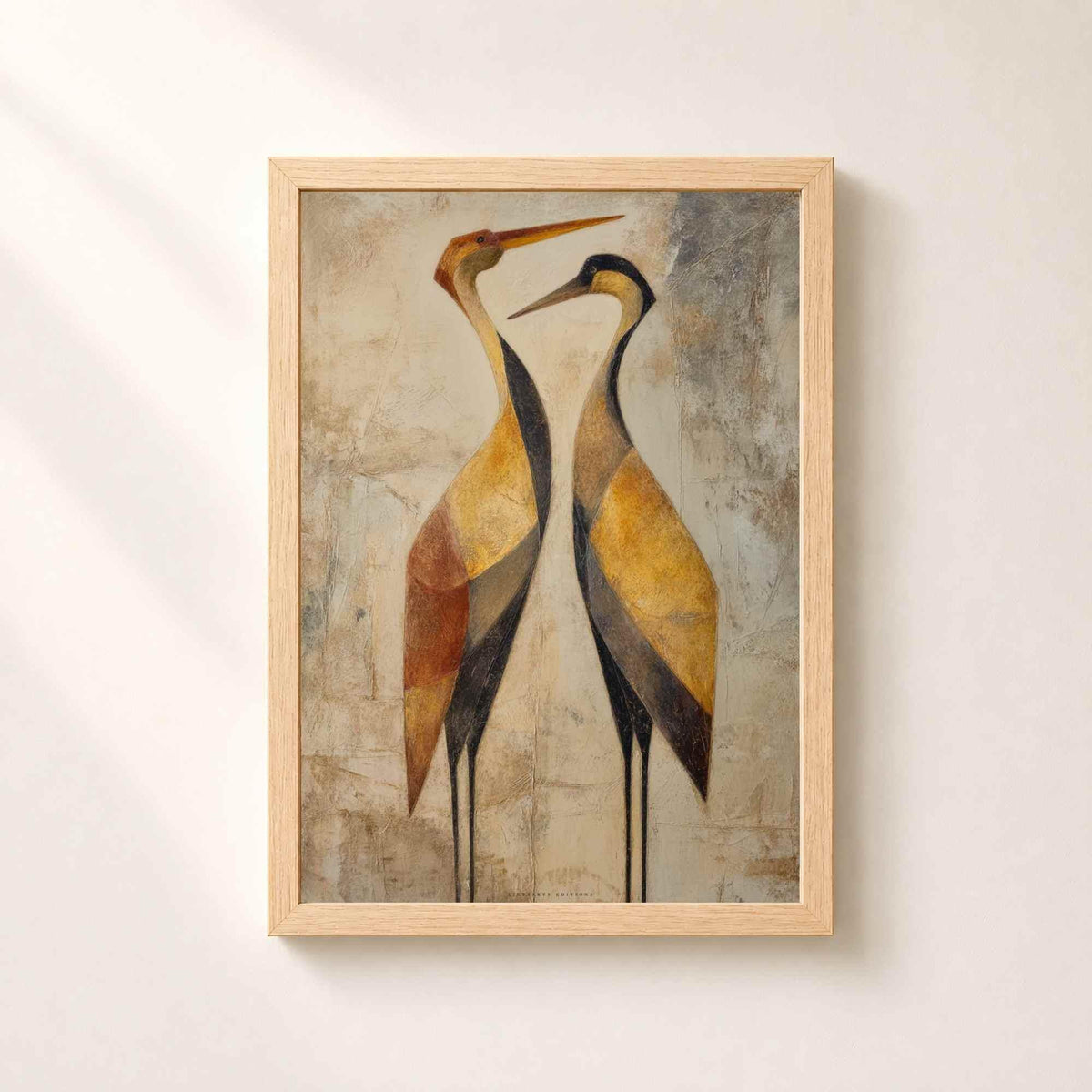 Affiche deux grues dorées, art mural couple oiseaux, peinture texturée or et terracotta