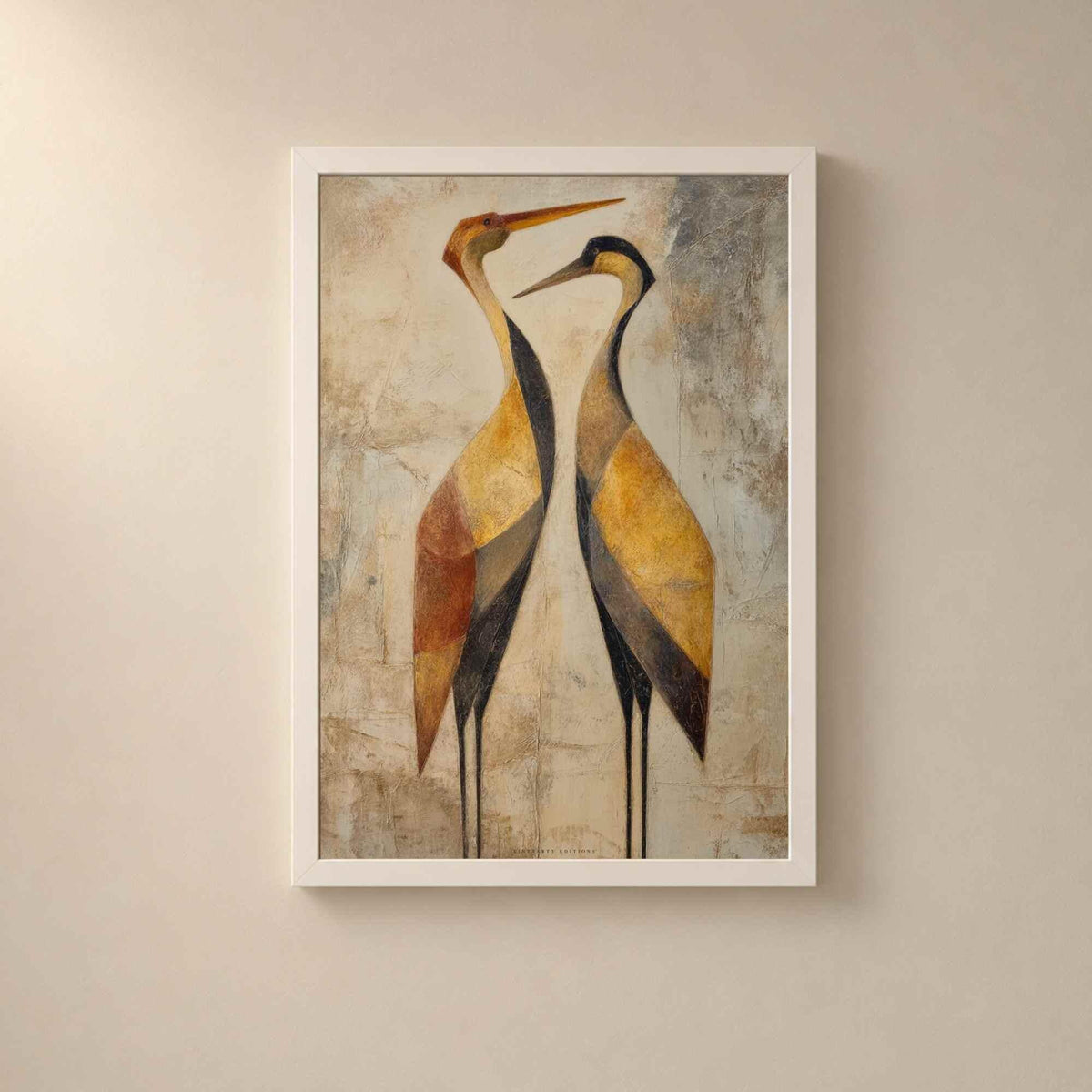 Affiche deux grues dorées, art mural couple oiseaux, peinture texturée or et terracotta