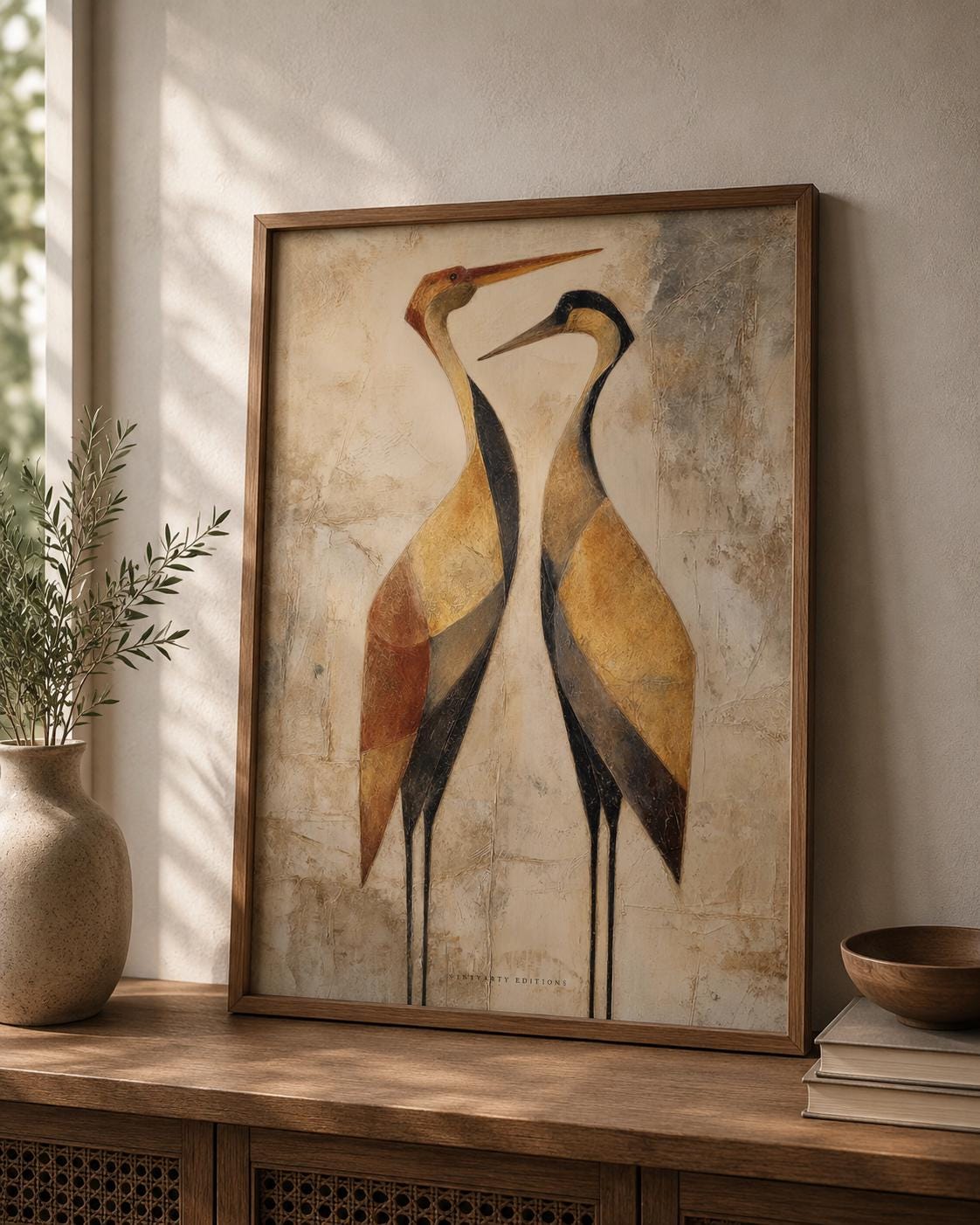 Affiche deux grues dorées, art mural couple oiseaux, peinture texturée or et terracotta