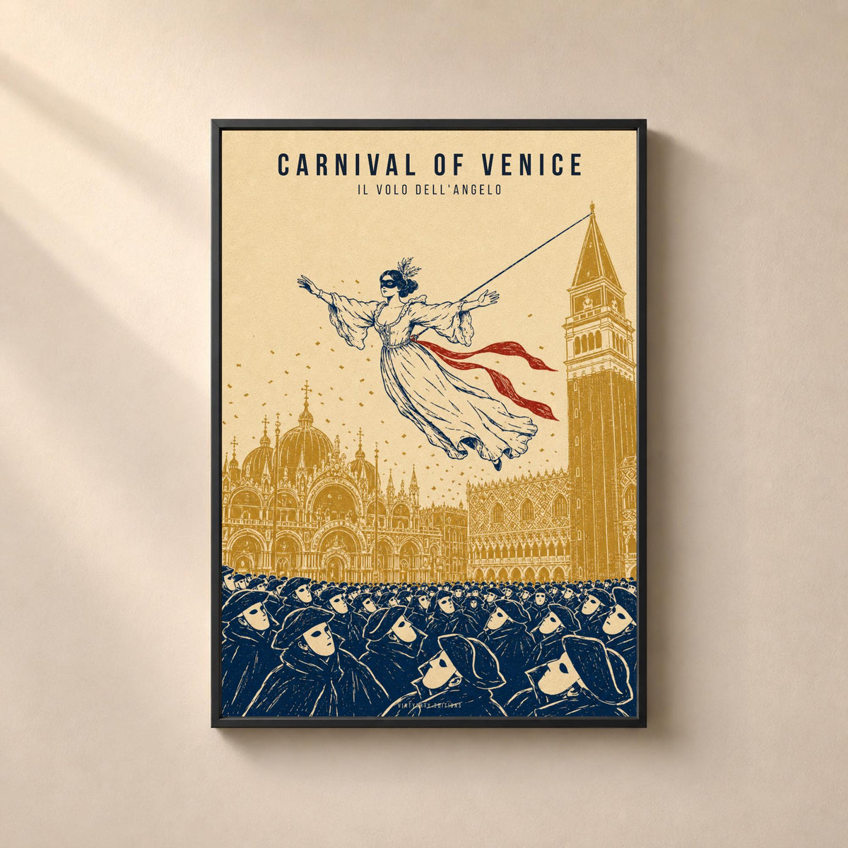 Le vol de l'ange, affiche du carnaval de Venise, masques et confettis, gravure bleu nuit et or