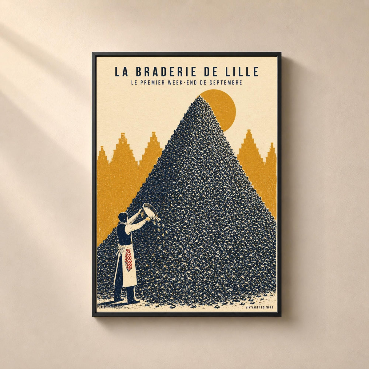 Affiche Braderie de Lille, montagne de moules, affiche vintage du Nord de la France