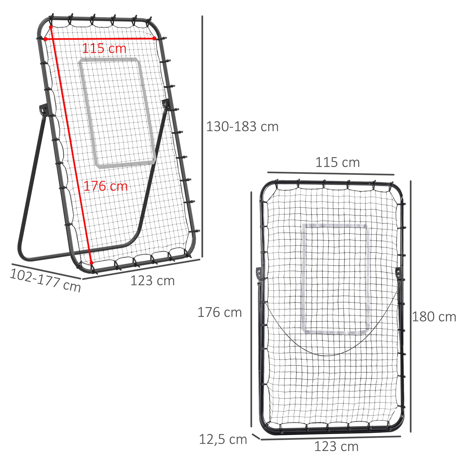 Filet de rebond de football ajustable hauteur angle réglables rebondeur pour football pliable cible sardines de fixation fournies 123 x 73 x 178,5 cm noir blanc