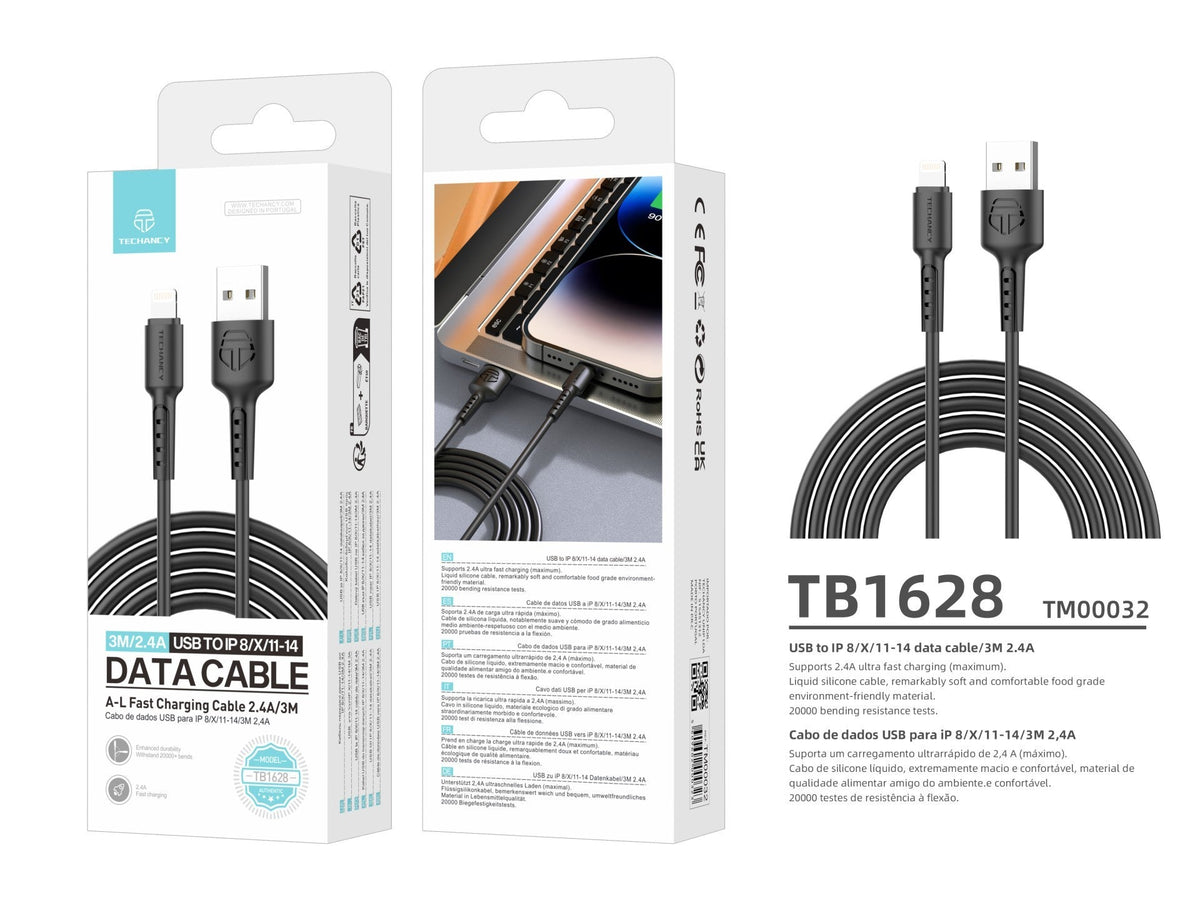 Techancy Cabo De Dados Preto TB1628, Cabo De Carregamento Rápido Usb Para Lightning, 3 M/2,4 A, Compatível Com Iphone/Ipad