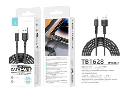 Techancy Cabo De Dados Preto TB1628, Cabo De Carregamento Rápido Usb Para Lightning, 3 M/2,4 A, Compatível Com Iphone/Ipad