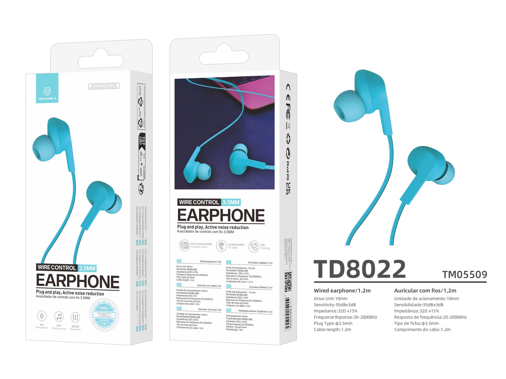 Techancy Auricular Com Fios Azul  TD8022 , Microfone Integrado, 3,5 Mm, Compatível Com Smartphones E Tablets