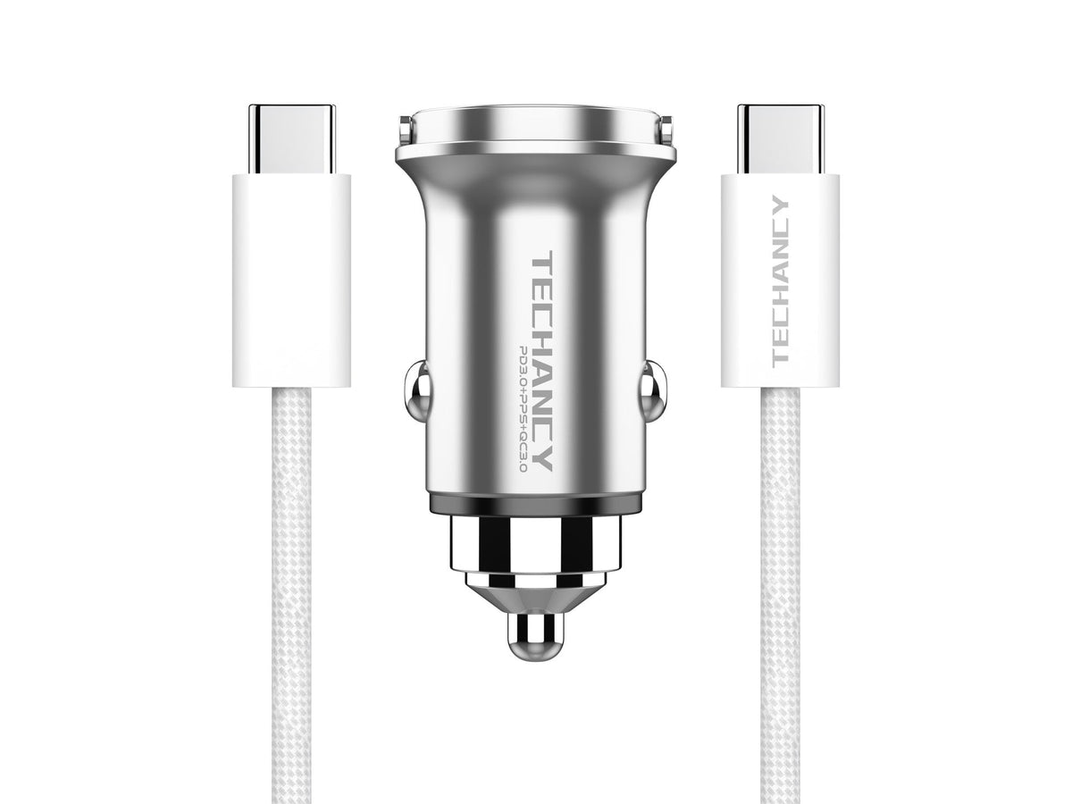 Techancy Mini Carregador TC6426, 33W, USB-A+USB-C, com Cabo USB-C para USB-C de 1m, Liga de AlumInio, Seguro e Confiavel