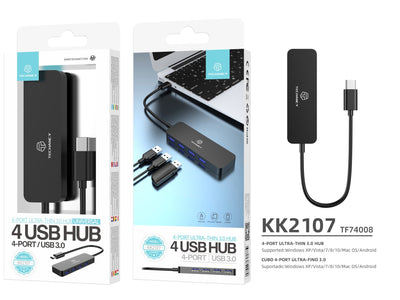 Hub Techancy Tipo C para USB 3.0, KK2107, expansor USB 4 em 1, preto