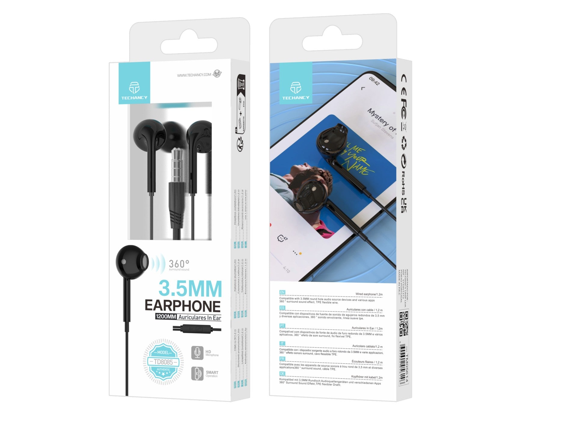 Techancy Auscultadores Intra-Auriculares Pretos 1.2m TD8085 Com Cabo E Microfone, Auscultadores Para Música De 3,5 Mm