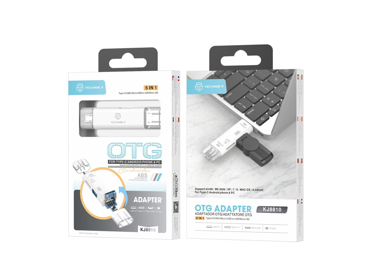 Adaptador OTG Techancy 5 em 1 com leitor de armazenamento compatível com telemóveis e computadores, KJ8810, branco