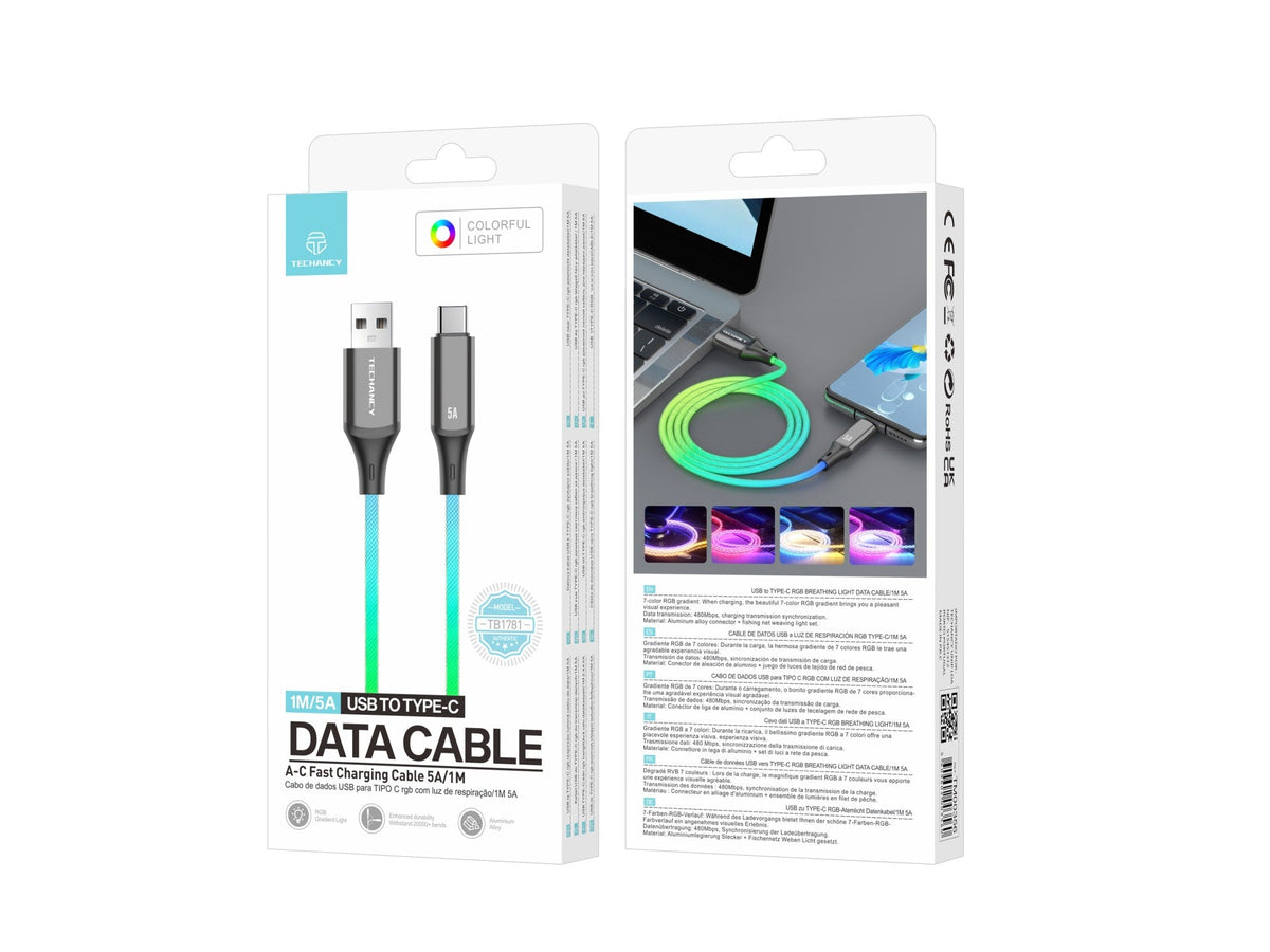Techancy Cabo De Dados De 1m TB1799, Usb-C Para Usb-C, Efeitos De Iluminação Rgb, Carregamento Rápido De 27w.