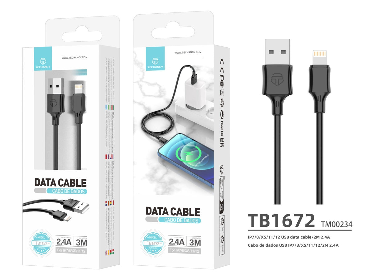 Techancy Cabo De Carregamento 3m Usb- Lightning Preto TB1672, Carregamento Rápido De 2,4 A, Carregamento De Longo Alcance 3m