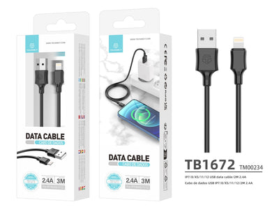 Techancy Cabo De Carregamento 3m Usb- Lightning Preto TB1672, Carregamento Rápido De 2,4 A, Carregamento De Longo Alcance 3m