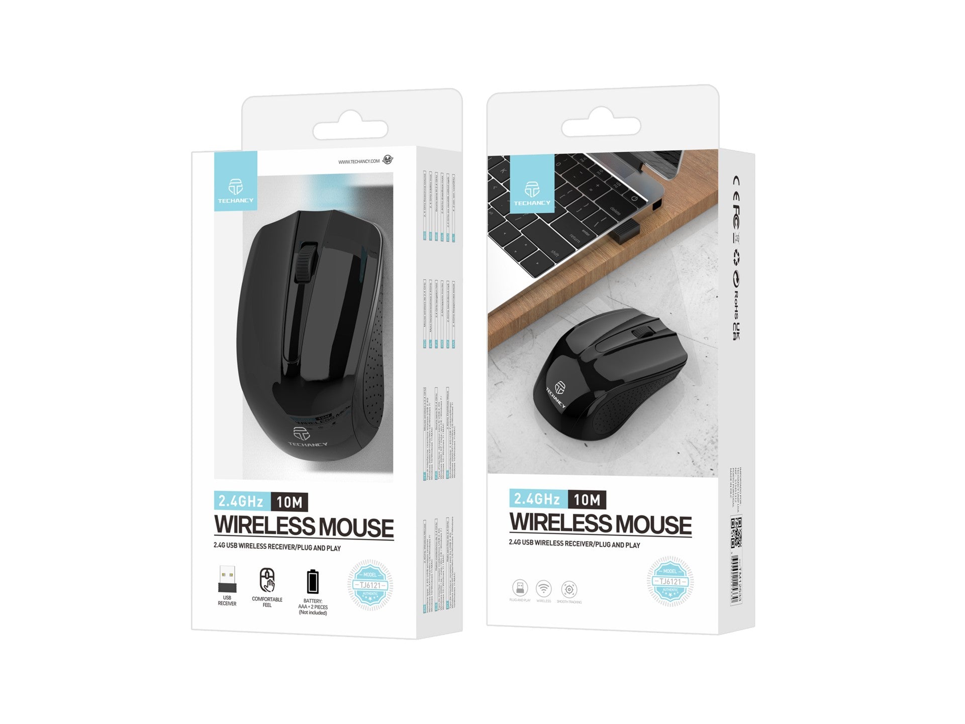 Techancy Rato Sem Fios 2.4g Preto TJ6121, Distância Sem Fios De 10 M, Plug And Play, Compatível Com Pc/Mac, Design Ergonómico