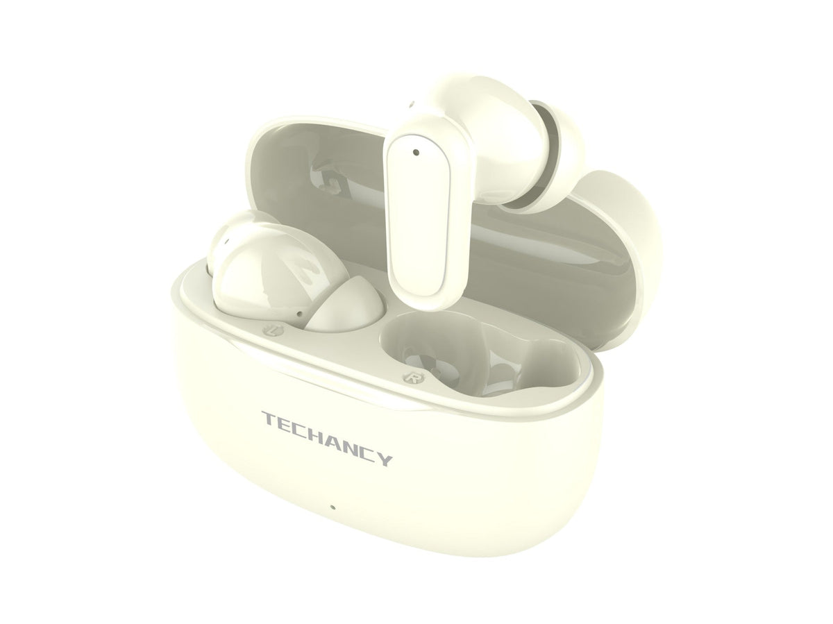 Techancy Auriculares Bluetooth TWS Wireless 5.4 KP2715 Microfone HD Toque inteligente USB C para Android iPhone Creme