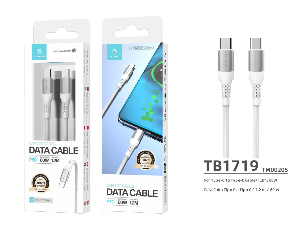 Techancy Cabo De Dados Pd De Alta Velocidade TB1719, Carregamento De Tipo C Para Tipo C 60wpd, Cabo Entrançado De 1,2m