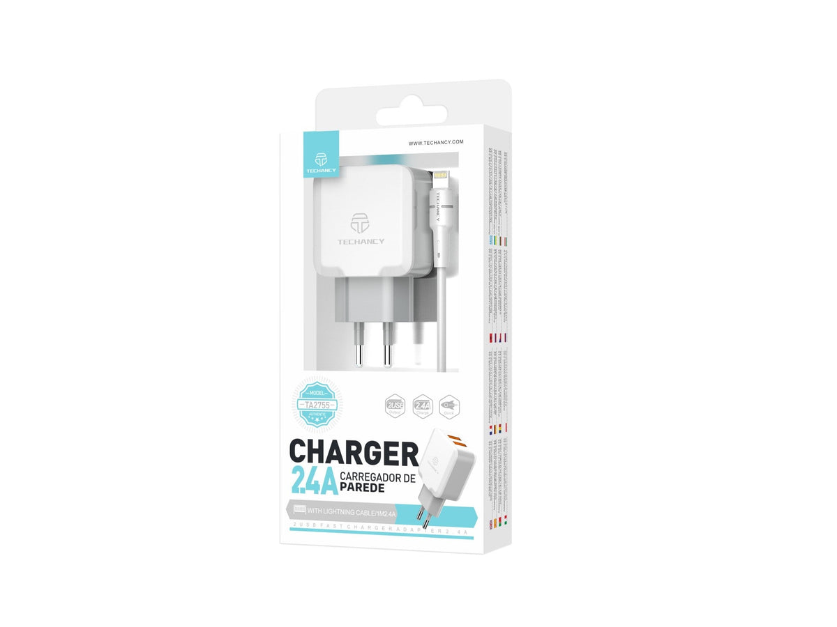 Techancy Carregador De Parede De Porta Usb Dupla 2.4A Branco TA2755 Com Conjunto De Cabos Usb-Lightning 1m