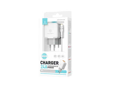 Techancy Carregador De Parede De Porta Usb Dupla 2.4A Branco TA2755 Com Conjunto De Cabos Usb-Lightning 1m