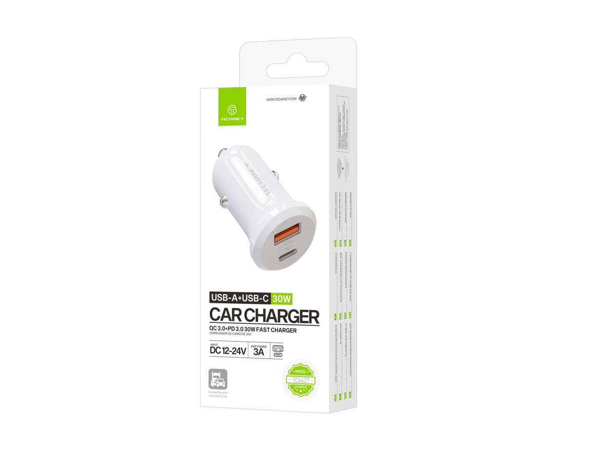 Techancy Carregador de Carro 30W TC6427 USB-A+USB-C Carregamento Rapido QC3.0 PD3.0 Compativel com Telemoveis Tablets Auriculares 12V-24V