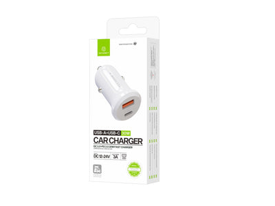 Techancy Carregador de Carro 30W TC6427 USB-A+USB-C Carregamento Rapido QC3.0 PD3.0 Compativel com Telemoveis Tablets Auriculares 12V-24V