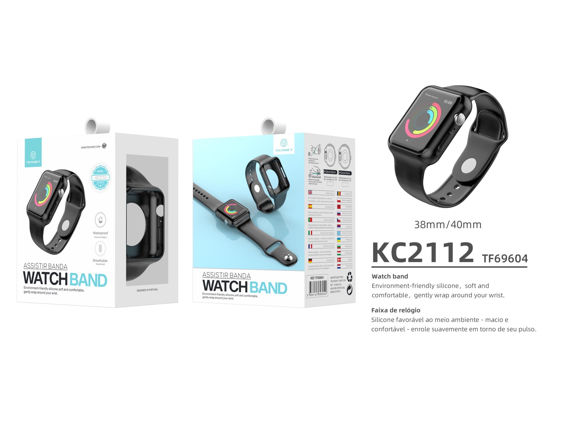 Pulseira totalmente adesiva para relógio Techancy, KC2112, compatível com Apple Watch 38-40 mm, Preto