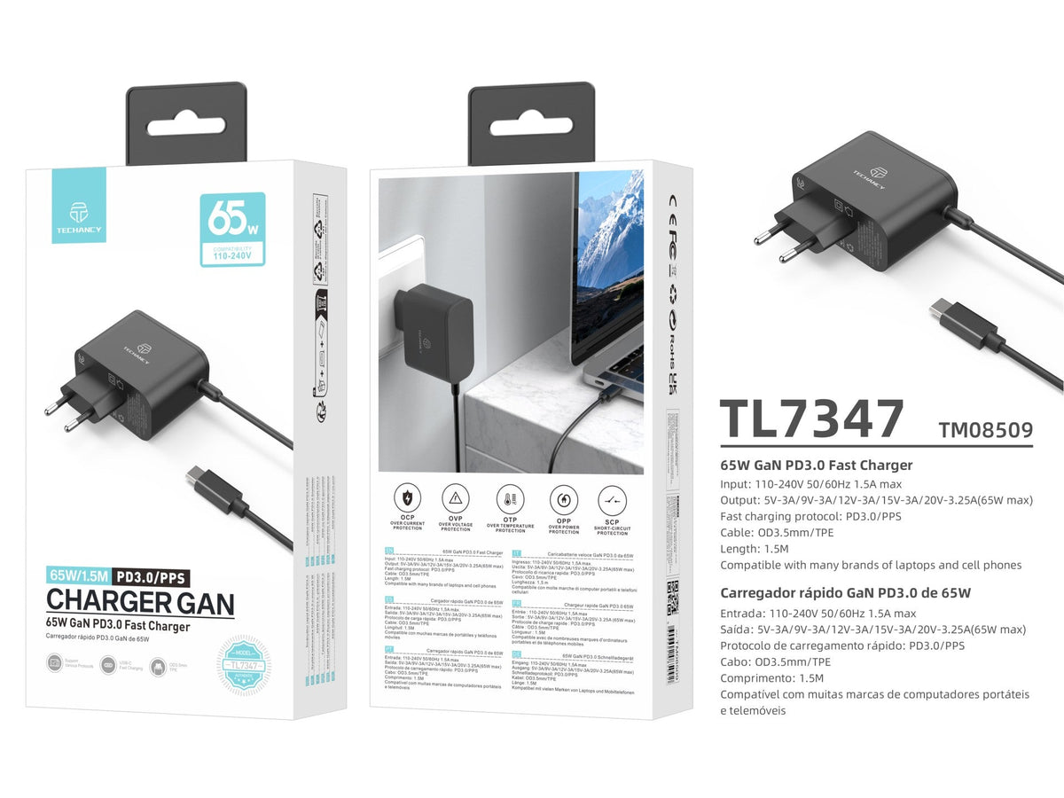 Techancy Carregador Rápido GaN USB-C de 65W TL7347, pequeno e portátil, compatível com vários dispositivos