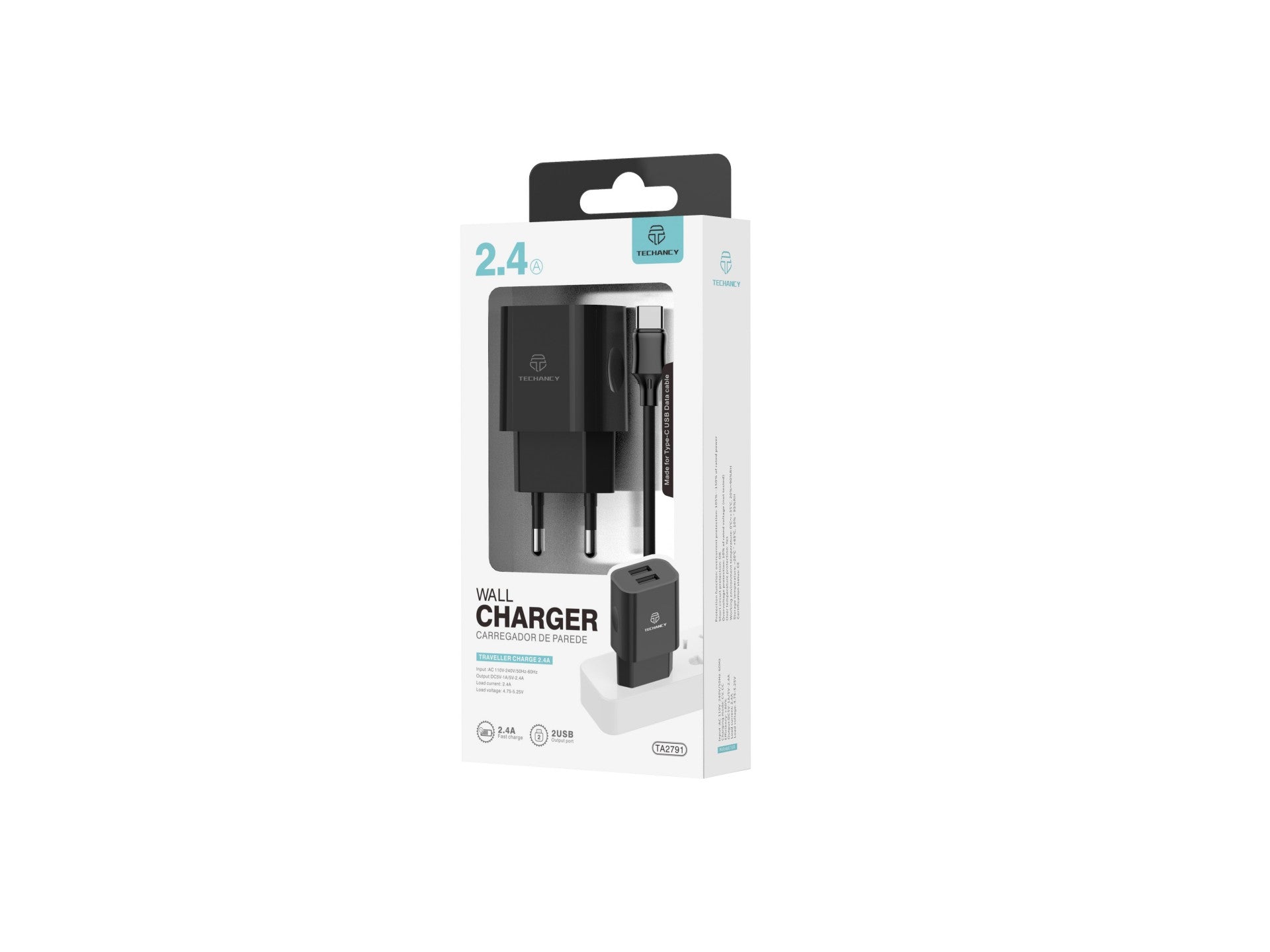 Techancy Carregador De Parede 2usb Preto TA2791,5V-2.4A Carregamento,Conjunto De Cabos Usb-Tipo-C 1m,Suporta Telemóveis Usb-C