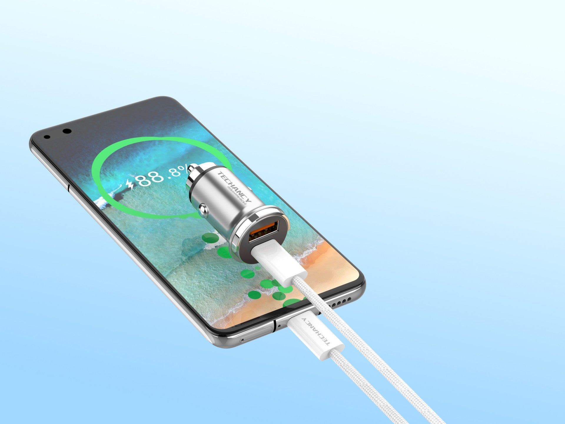 Techancy Mini Carregador TC6426, 33W, USB-A+USB-C, com Cabo USB-C para USB-C de 1m, Liga de AlumInio, Seguro e Confiavel