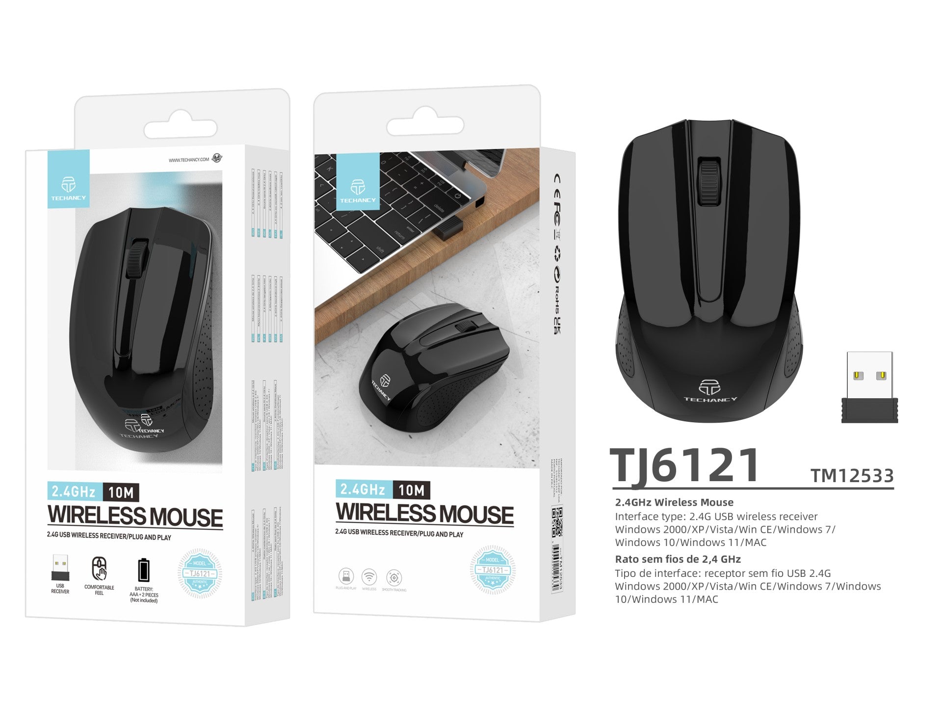 Techancy Rato Sem Fios 2.4g Preto TJ6121, Distância Sem Fios De 10 M, Plug And Play, Compatível Com Pc/Mac, Design Ergonómico