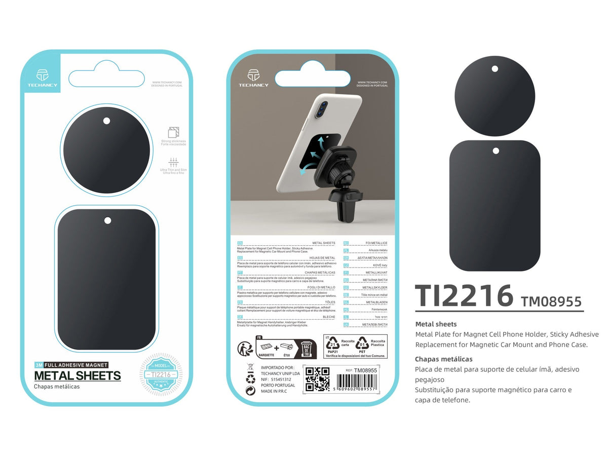 Techancy Adesivo Metálico Para Telemóveis Ti2216 Preto Para Suportes Magnéticos De Telemóveis E Capas Com Aderência