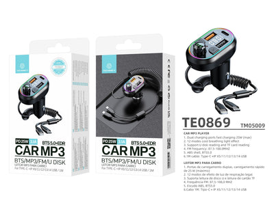 Techancy Leitor De Mp3 Para Automóvel  TE0869, Cabo 2 Em 1, Carregamento Rápido Pd25w, Efeito De Luz Fria