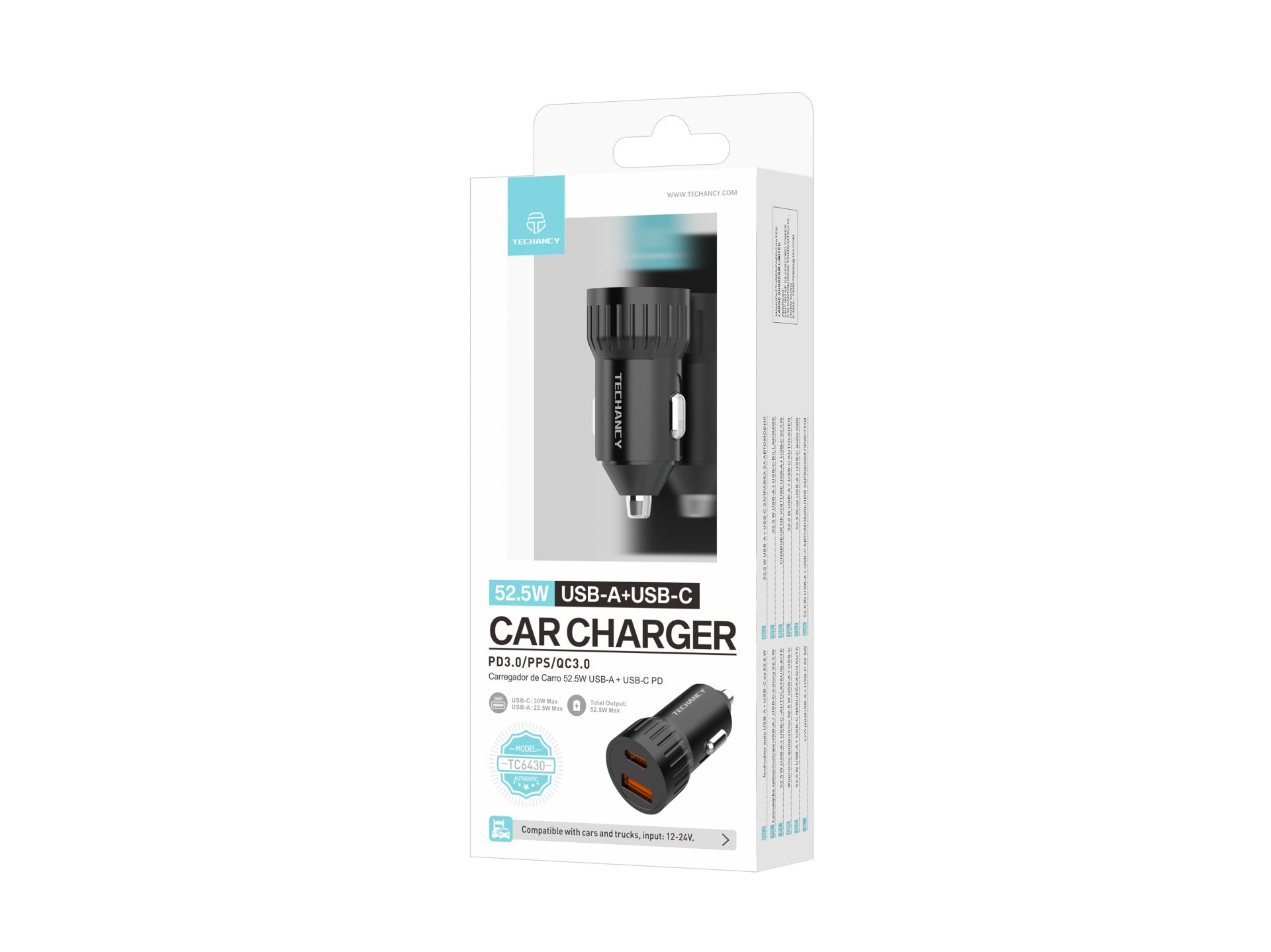 Techancy Carregador de carro 52.5W USB A e USB C PD PPS QC3.0 TC6430 Carregamento rapido 12V 24V Preto