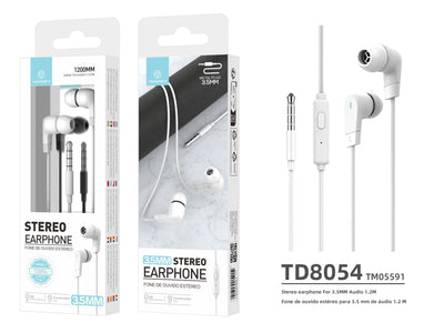 Techancy Auricular Estéreo TD8054, 1,2 Metros, 3,5 Mm, Qualidade De Som Nítida, Confortável De Usar, Branco