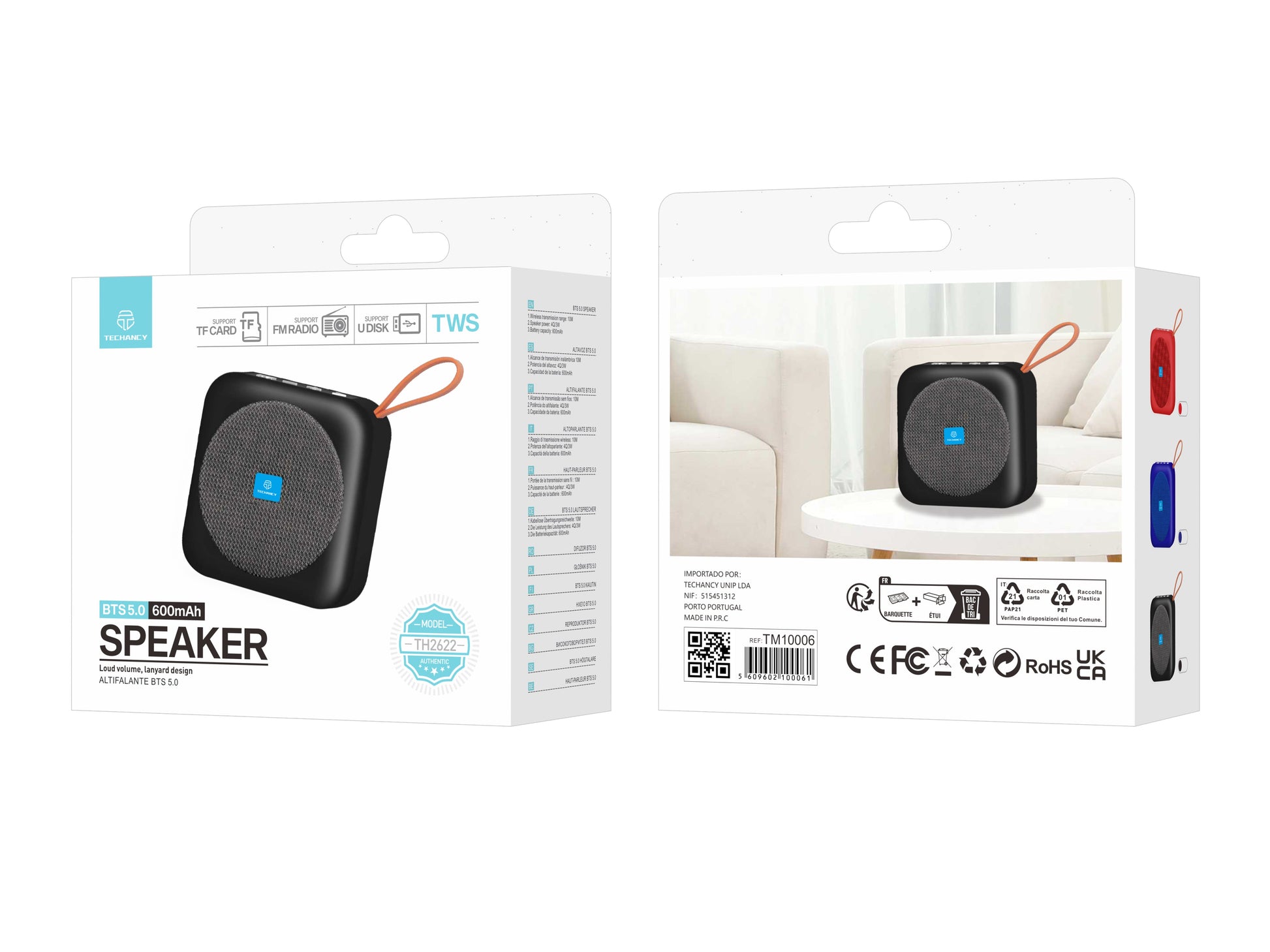 Techancy Altifalante Bluetooth Preto TH2622, Portátil E De Tamanho Compacto, Suporte Tf/Fm/Usb/Tws, Som Potente.