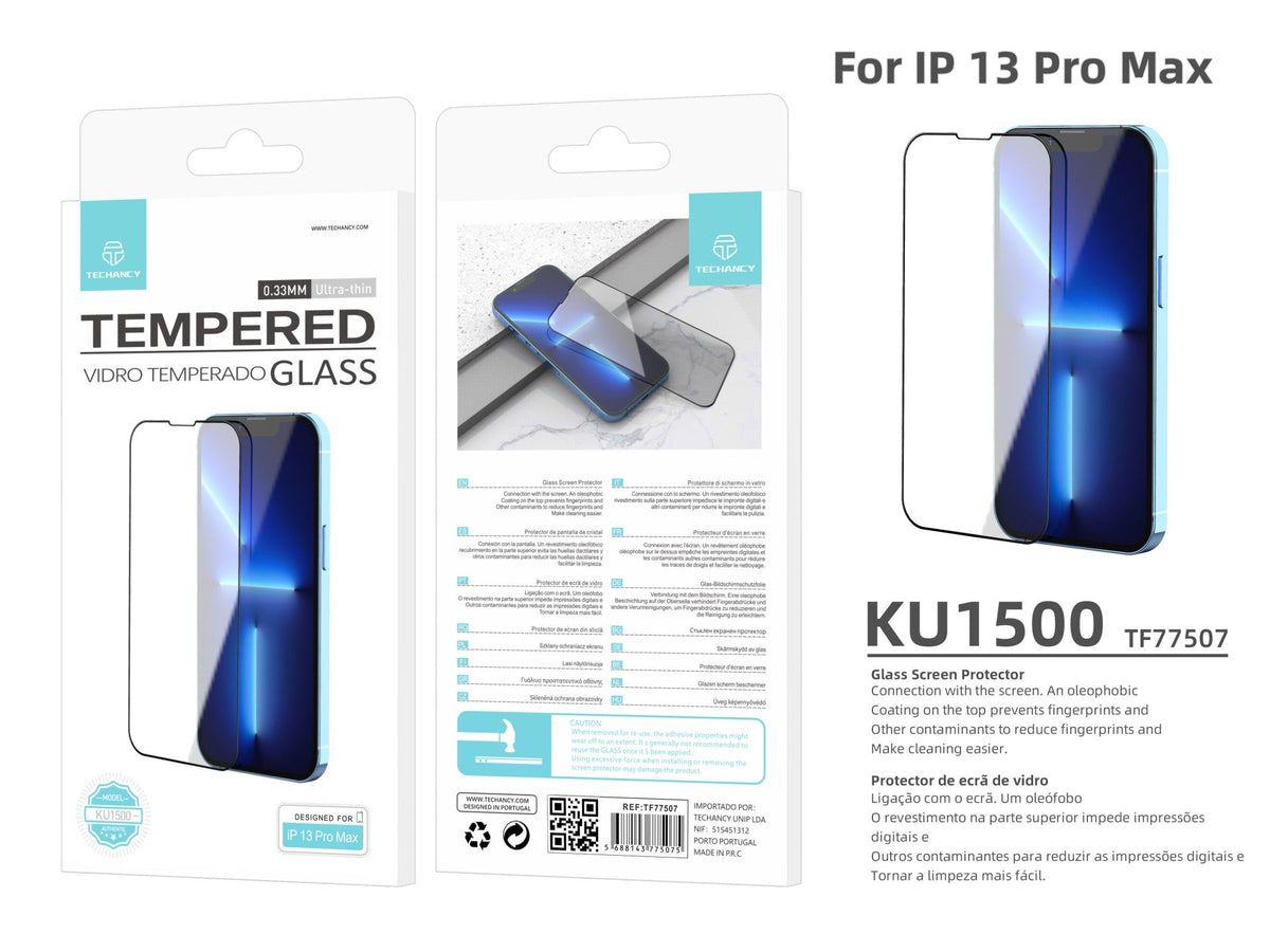 Protetor de ecrã premium para smartphone Techancy, KU1500, vidro temperado de 0,33 mm, compatível com iPhone 13 Pro Max