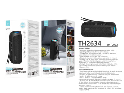 Techancy Altifalante sem fios Bluetooth versão 5.3 TH2634, suporta entrada TF/U disk/LINE LN, luz LED de 7 cores
