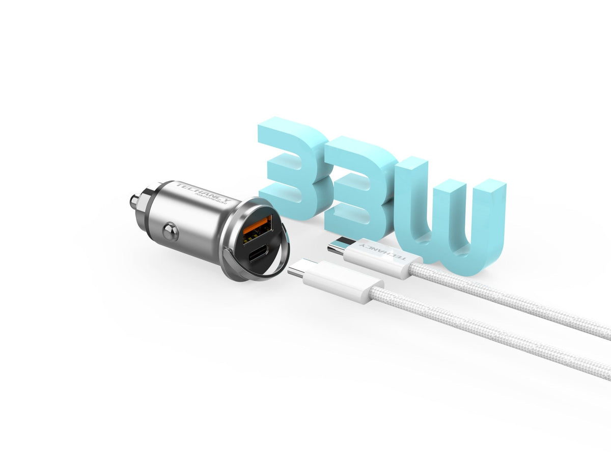 Techancy Mini Carregador TC6426, 33W, USB-A+USB-C, com Cabo USB-C para USB-C de 1m, Liga de AlumInio, Seguro e Confiavel
