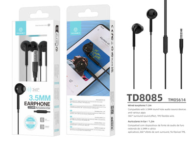 Techancy Auscultadores Intra-Auriculares Pretos 1.2m TD8085 Com Cabo E Microfone, Auscultadores Para Música De 3,5 Mm