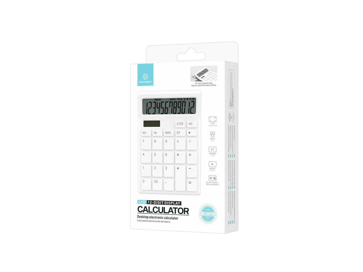 Techancy Calculadora de Mesa MK1166 12 Dígitos Dupla Energia Função GT/MU ABS TM25001 Branco