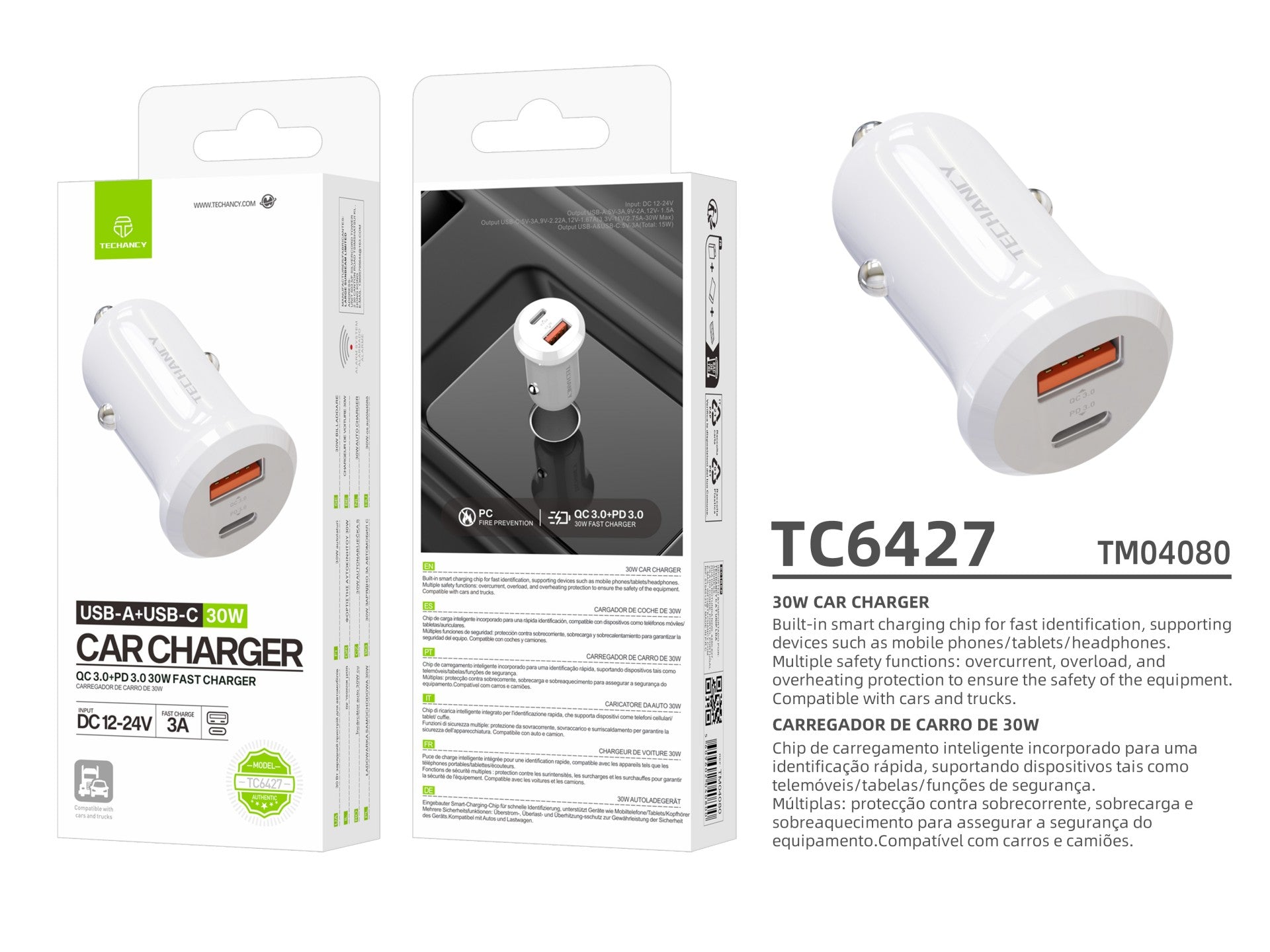 Techancy Carregador de Carro 30W TC6427 USB-A+USB-C Carregamento Rapido QC3.0 PD3.0 Compativel com Telemoveis Tablets Auriculares 12V-24V