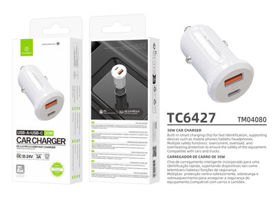 Techancy Carregador de Carro 30W TC6427 USB-A+USB-C Carregamento Rapido QC3.0 PD3.0 Compativel com Telemoveis Tablets Auriculares 12V-24V