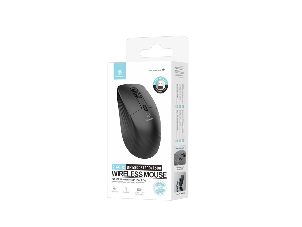 Techancy Rato Sem Fios 2.4G TJ6124 com Recetor USB, Plug and Play, Botoes Silenciosos, DPI 800/1200/1600, Preto