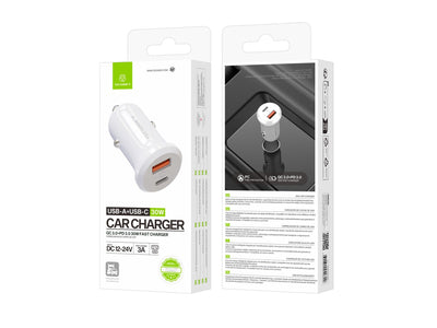 Techancy Carregador de Carro 30W TC6427 USB-A+USB-C Carregamento Rapido QC3.0 PD3.0 Compativel com Telemoveis Tablets Auriculares 12V-24V