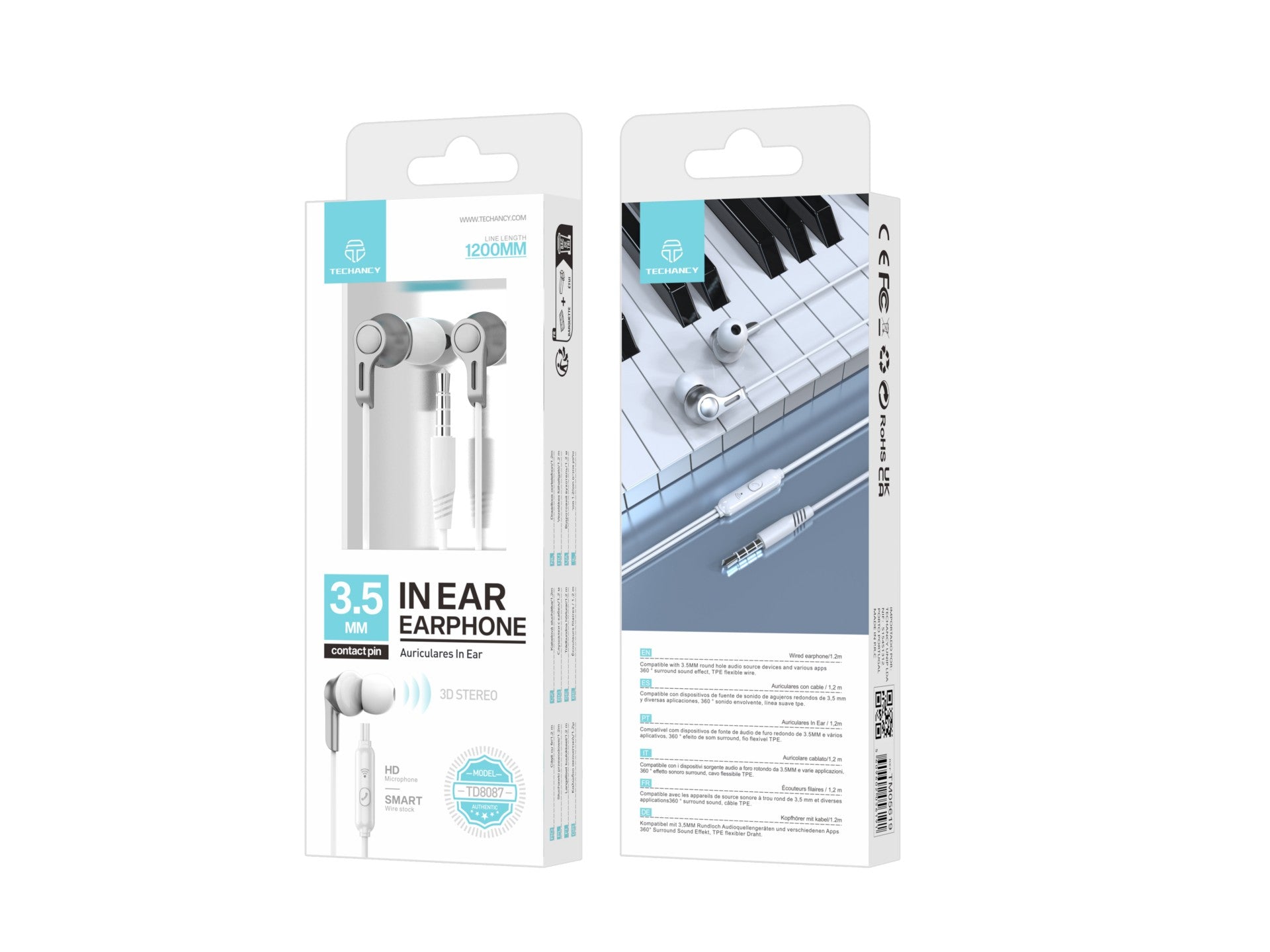 Techancy Auscultadores Intra-Auriculares De 3,5 Mm Brancos De 1,2 M TD8087, Som Estéreo Surround, Experiência Premium.