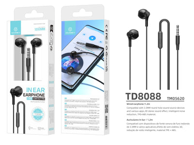 Techancy Auscultadores Intra-Auriculares 1,2 Metros Pretos TD8088, 3,5 Mm Com Microfone, Auscultadores Com Som Estéreo 3d