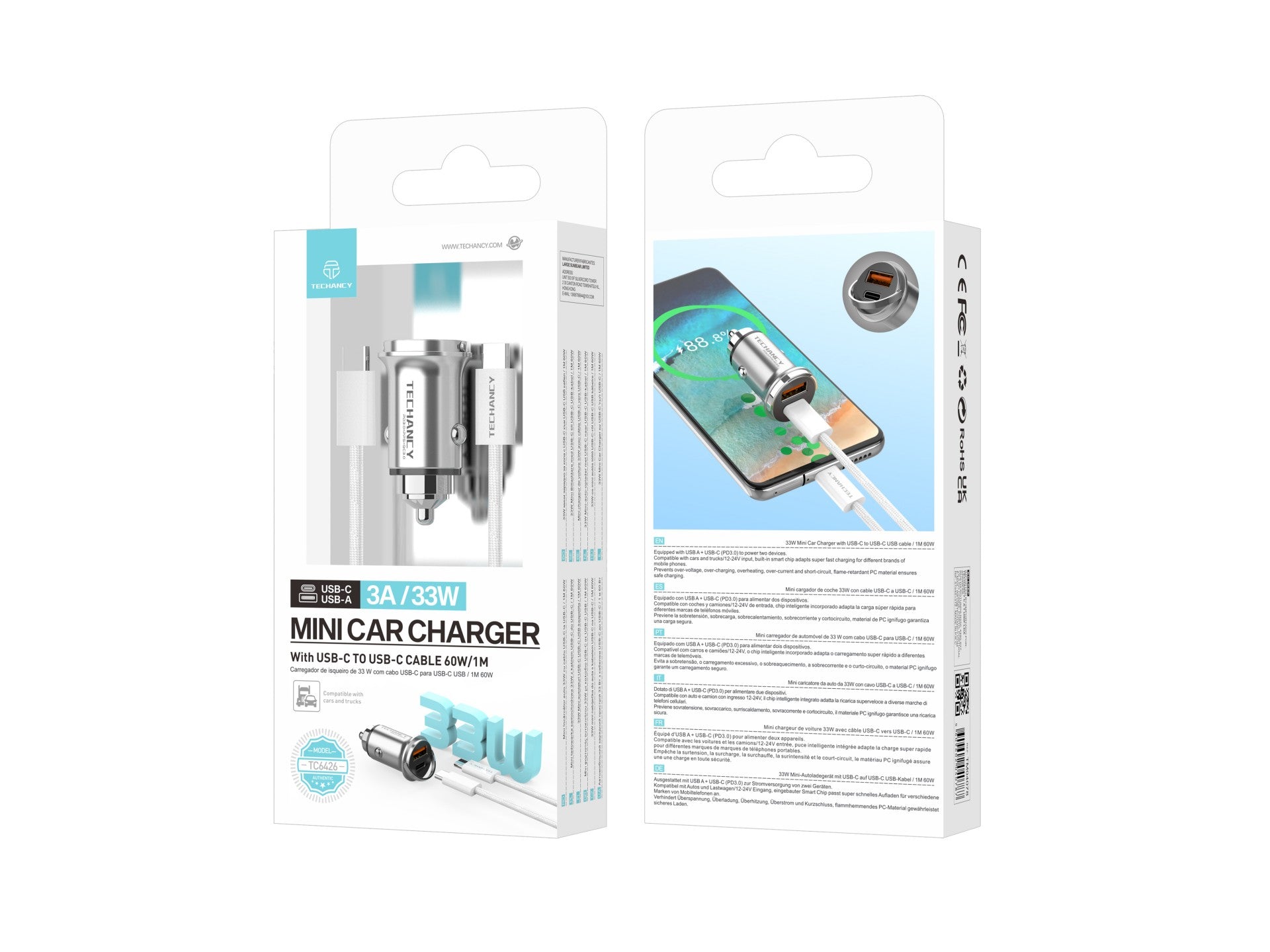 Techancy Mini Carregador TC6426, 33W, USB-A+USB-C, com Cabo USB-C para USB-C de 1m, Liga de AlumInio, Seguro e Confiavel