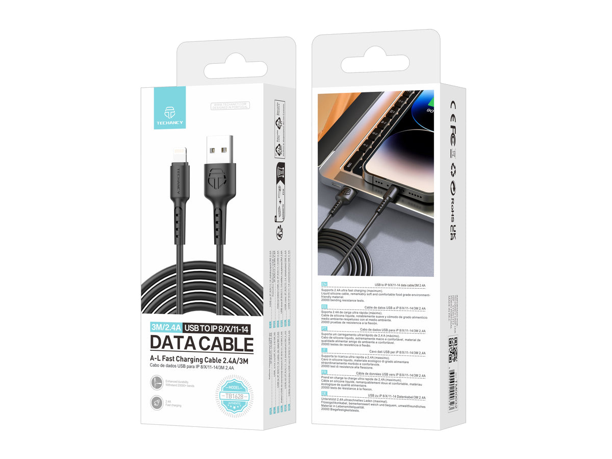 Techancy Cabo De Dados Preto TB1628, Cabo De Carregamento Rápido Usb Para Lightning, 3 M/2,4 A, Compatível Com Iphone/Ipad