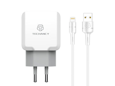 Techancy Carregador De Parede De Porta Usb Dupla 2.4A Branco TA2755 Com Conjunto De Cabos Usb-Lightning 1m